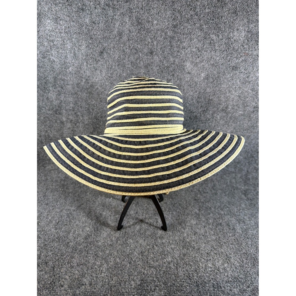 Scala Collezione Navy Blue Cream Striped Wide Brim Sun Hat Paper Braid One Size